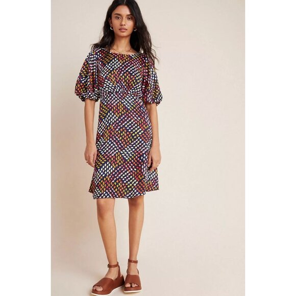 Anthropologie Maeve Melody Mini Dress Retro Floral Puff Sleeve Multicolor 0P - Picture 1 of 15